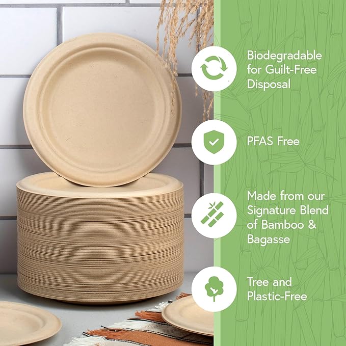 Bamboo Compostable Dinner Plates (500-Pack, 9-inch) | Sturdy & Microwave Safe | Heavy Duty Plates Disposable | PFAS Free, Biodegradable | FSC Certified Alternative to Plastic