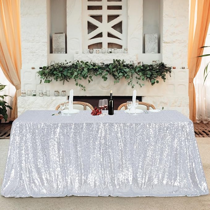 Poise3EHome Silver Sequin Tablecloth 60×102 Inch Rectangle Seamless Glitter Tablecloth for Baby Shower Birthday Christmas Party Wedding