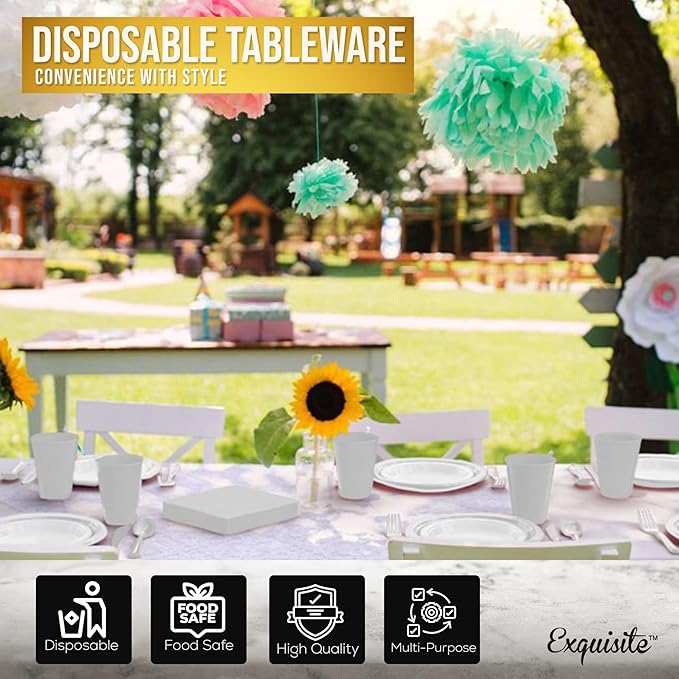 Party Solids 350 Pieces White Plastic Plates For Party, White Disposable Plates Set, 50 Of Each 9" Dinner Plate Set, 7" Dessert Plate, Cups, Napkins & Cutlery Plastic Dinnerware Set