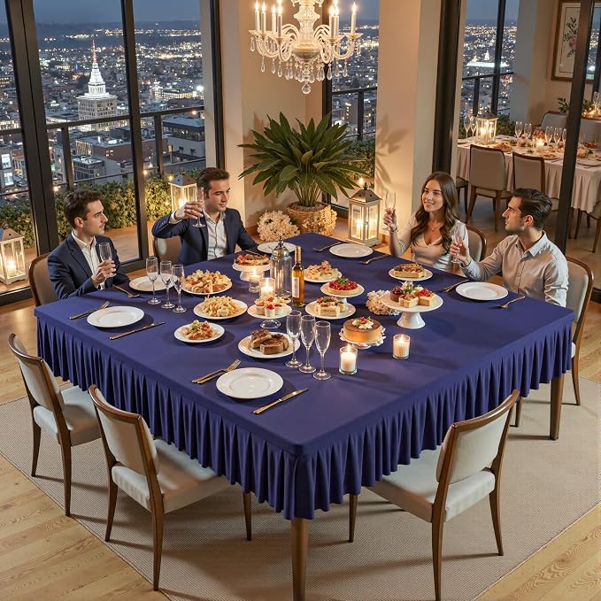 Shillance 54x54 Inch Navy Blue Spandex Square Tablecloth, Wrinkle Free Navy Blue Fitted Table Cloth for Square Tables,Washable Pleated Table Cover for Wedding Birthday Cocktail Party Buffet Dinner