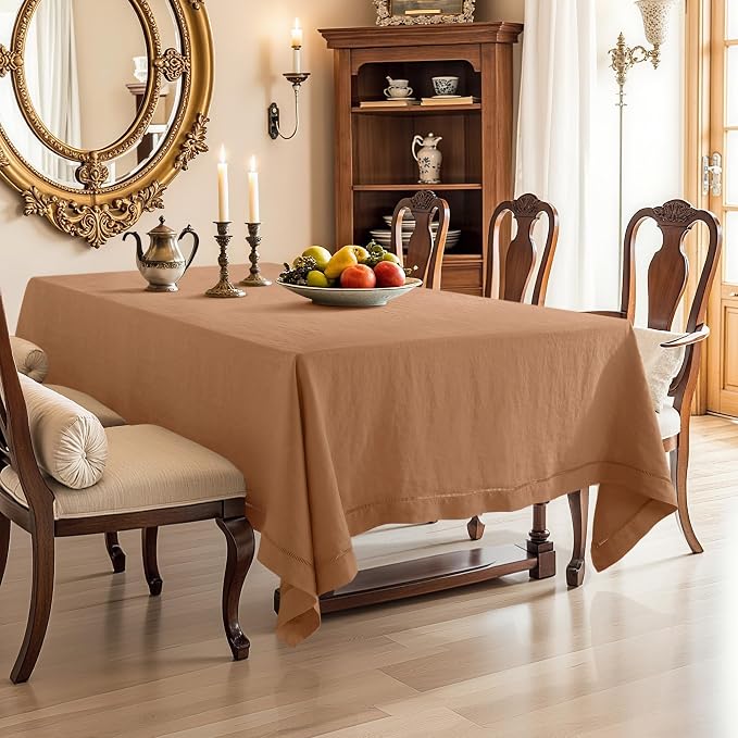 Linen World Fall Linen Tablecloth 108" x 60" Inch,French Linen Washable Rectangular Table Cloth for Dining,Outdoor, Weddings and Restaurants,Decorative Thanksgiving Christmas,Beige Hemstitch