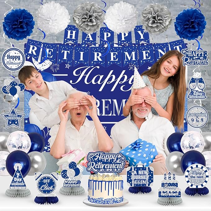 Retirement Party Decorations for Men Women Blue Silver Happy Retirement Banner Backdrop Balloons Paper Pompoms Honeycomb Centerpiece Cake Topper Hanging Swirl Set