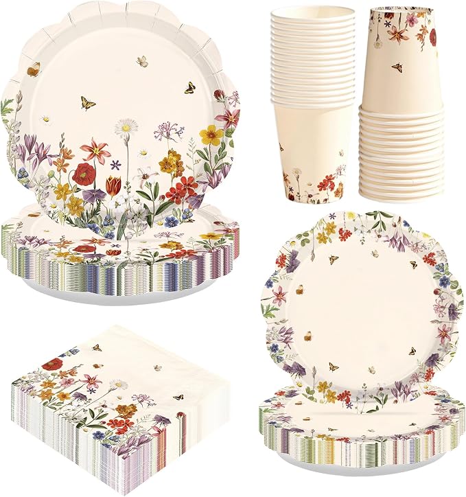 250Pcs Vintage Wildflower Party Supplies Retro Floral Scalloped Plates Napkins and Cups Butterfly Flower Tableware Set for Spring Summer Home Baby Shower Garden Party Decorations Serves 50