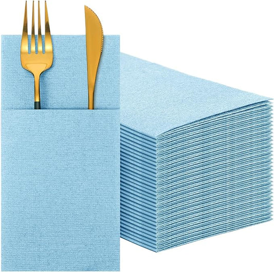 Cindeer 150 Pcs Light Blue Linen Dinner Feel Napkins with Built in Flatware Pocket Prefolded Paper Disposable Airlaid Guest Hand Towel for Silverware Wedding Reception Christmas Baby Shower