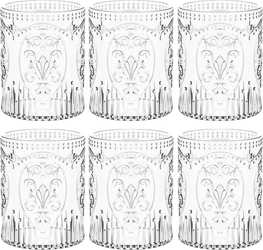 Qinyoung 6 Plastic Vintage Drinking Glasses 8.5oz Stemless Retro Embossed Wine Glasses Shatterproof Reusable Cups for Baby Shower Wedding Reception Grand Event Party (Clear)