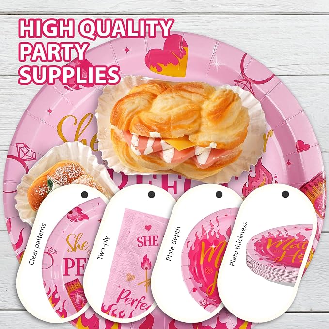96Pcs Perfect Match Bachelorette Party Supplies She Found Her Perfect Match Plates and Napkins Hot Pink Matches Tableware Set for Bridal Shower Bachelorette Engagement Party Decor Serves 24
