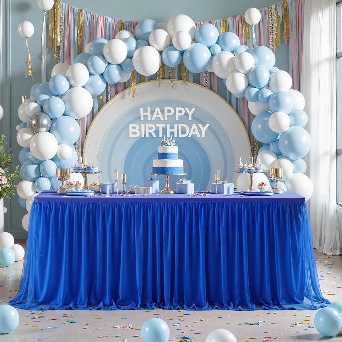 Royal Blue Fitted Tablecloth Rectangle 6 Foot Stretch Elastic Tulle Ruffle Tablecloths Rectangular Spandex Table Covers 6ft Birthday Baby Shower Wedding Party Table Cloths with Skirt 4Pack