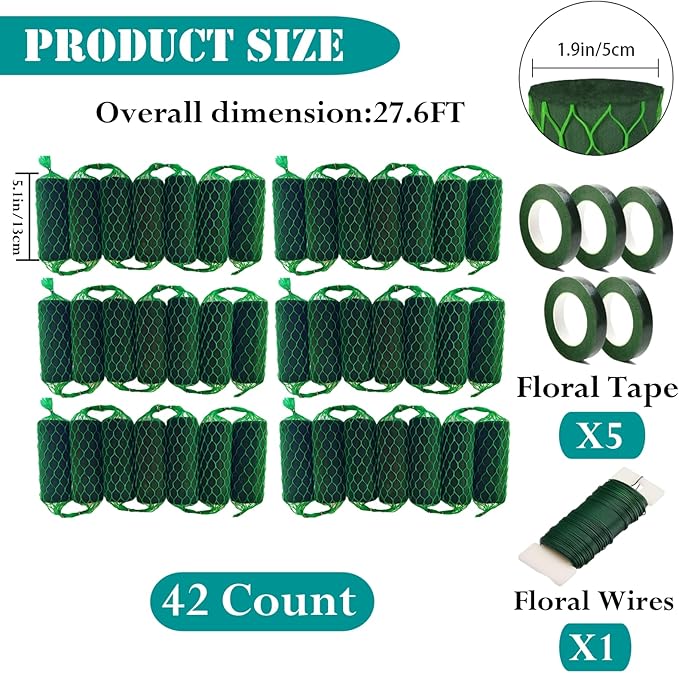 42PCS Floral Foam Garland - 27.6Ft Floral Foam Garland for Fresh Flowers,Arch Door Tabletop for Artificial Flowers Arrangement for Wedding Garden Home Decor(Floral Tape x5pcs, Floral Wire x1)