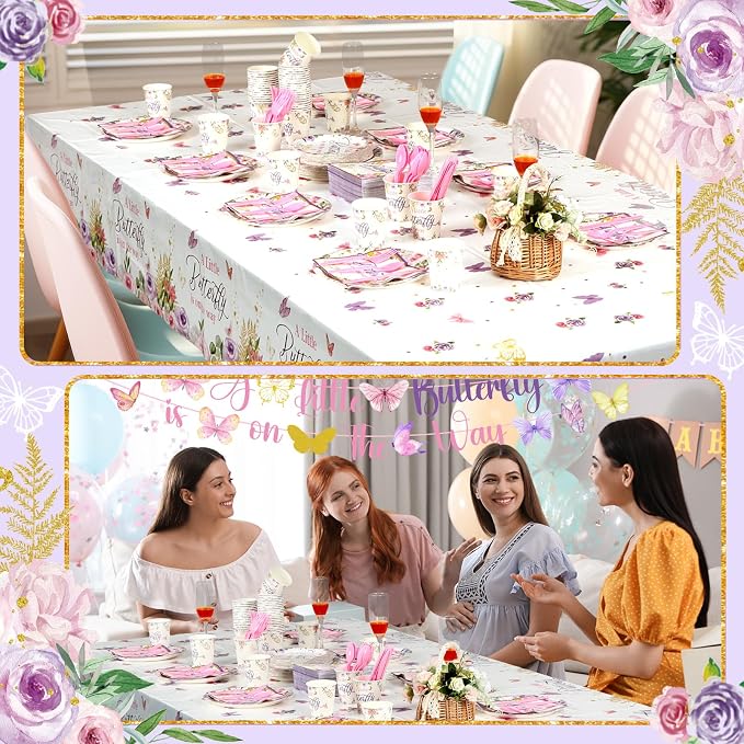 405 Pcs Butterfly Baby Shower Tableware Set Little Butterfly Is On The Way Baby Shower Plates and Napkins Supplies Include Tablecloth Banner Cups for 50 Guest Girls Floral Butterfly Theme