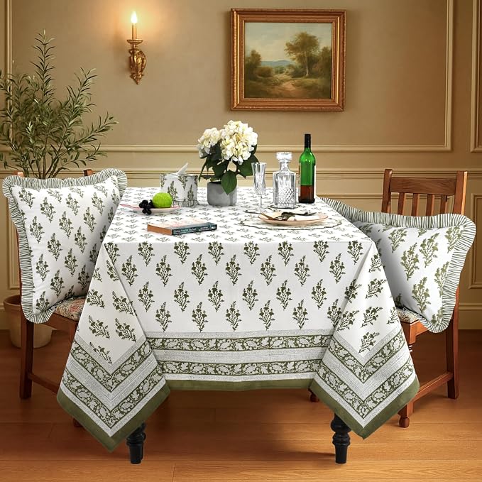 Ridhi Block Print Nature Spring Rectangle Cotton Tablecloth 140" x 72" Reusable Table Cover Decorative Everyday Use for Dining, Farmhouse, Home Gift for Spring, Easter, Valentine