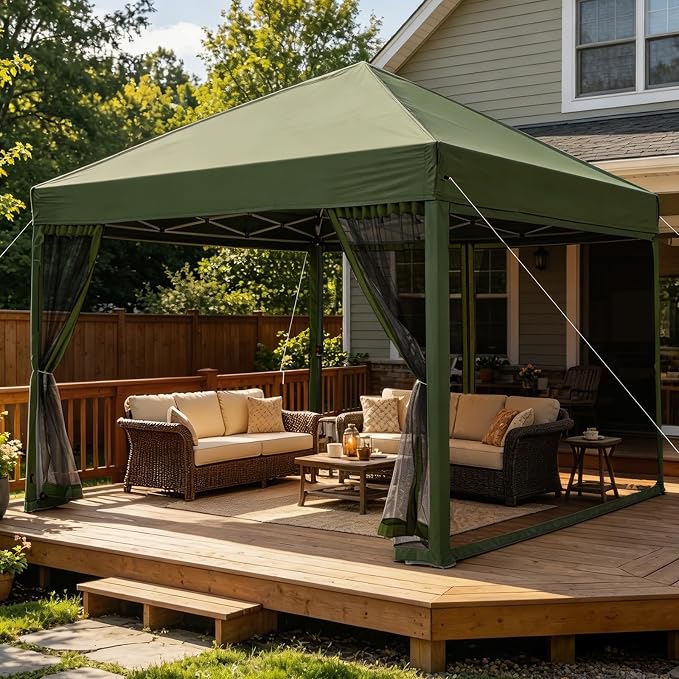 8x8 Pop Up Canopy with Mosquito Netting, Ez Up Portable Waterproof Instant Outdoor Screen Shelter, Pop Up Tent for Patio, Backyard, Parties, Camping and Events, Army Green