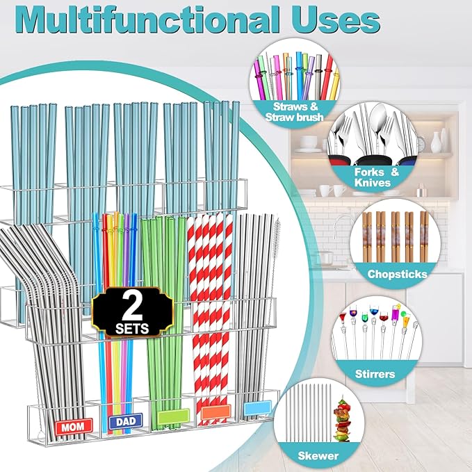 Aheroi 2 Pack Straw Holder, 9.5” Large Acrylic Straw Holder for Cabinet Door with 40pcs Label Stickers &15pcs Adhesive Tape, Reusable Sign Holders Organizer for Kitchen Accessories Storage
