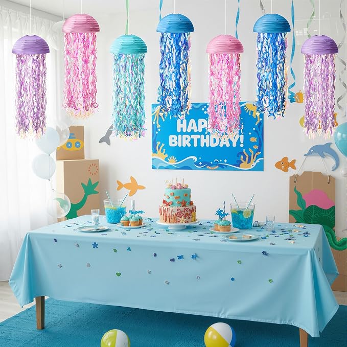 Baquler Set of 12 Jellyfish Paper Lanterns 10 Inch Semicircle Lanterns Hanging Decoration for Mermaid Sea Ocean Birthday Party Decorations (Pink, Light Blue, Light Purple, Royal Blue)