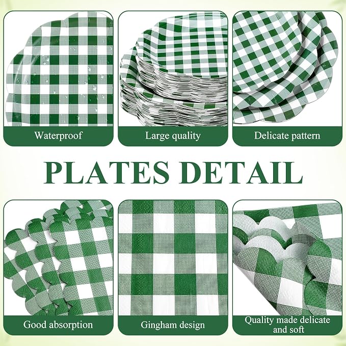 Funnymoom 400 Pcs Gingham Party Supplies for 50 Guests Dark Green and White Paper Plates and Napkins Knives Spoon Fork Cup Disposable Checkered Dinner Party Set Cutlery for Baby Shower Wedding Favor
