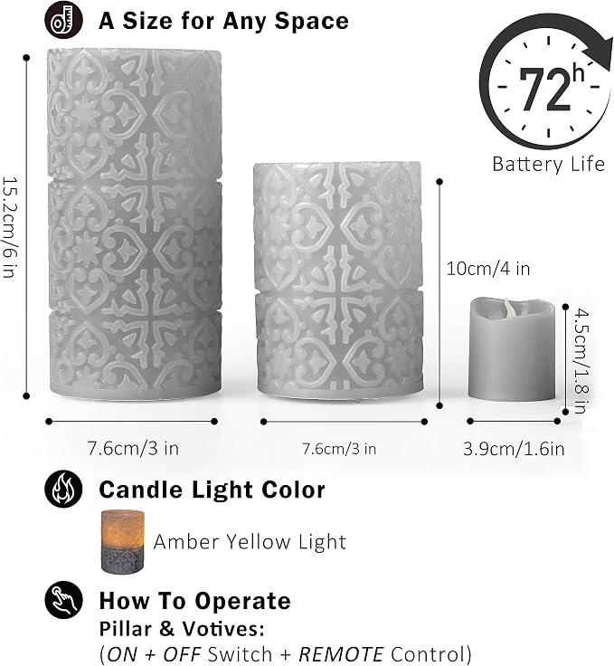 FURORA LIGHTING Grey Rome Flameless Candles - Real Wax, Adjustable Brightness, Remote & Timer - 4 Pillars (3x4, 3x6) and 4 Votives, 8-Pack, Battery Operated