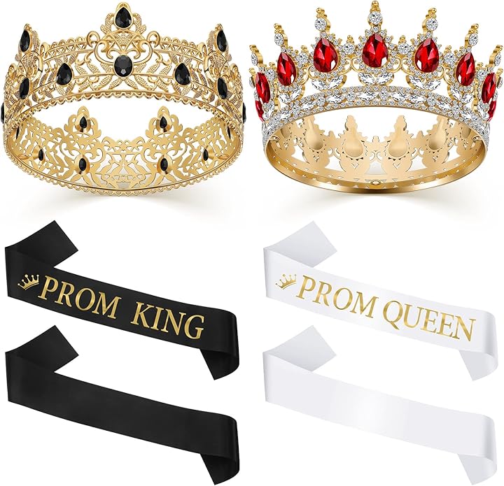6 Pieces Prom King and Queen Crowns Sashes Set, Crystal Tiara for 2026 Homecoming Graduation Party Birthday Wedding