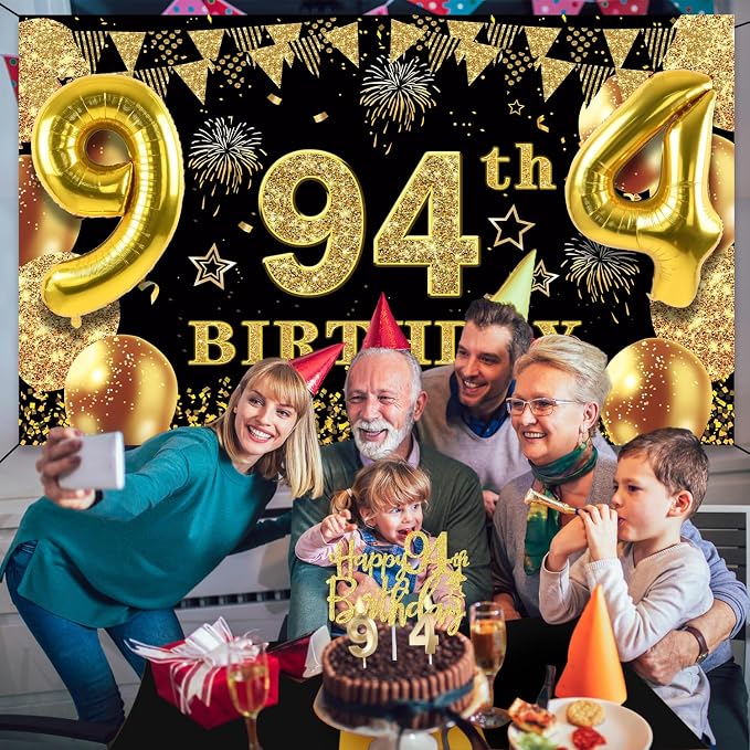 94th Birthday Decorations Men Women with 94th Birthday Banner, Black and Gold Table Cloth, Number Balloons, Large Sash, Cake Topper and Candles