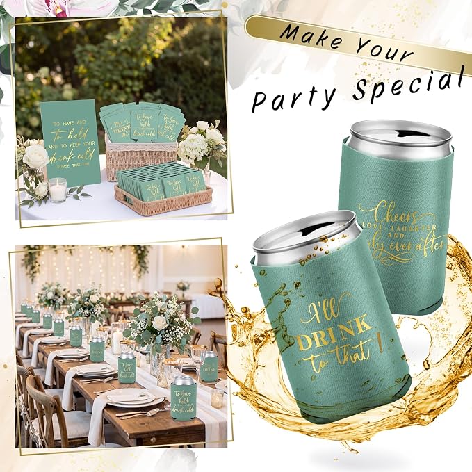 SiliFine 101 Pcs Green Wedding Can Cooler Bulk Engagement Party Favors for 100 Guests Cheers to Love Laughter, and I'll Drink Can Cooler with Wooden Wedding Table Sign Bridal Shower Favor