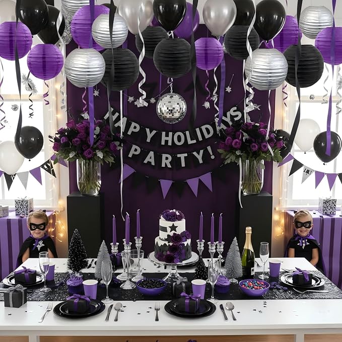 CC wonderland zone 12pcs Black Silver and Purple Paper Lanterns,Hanging Paper Lanterns for Wednesday Birthday Party Decorations