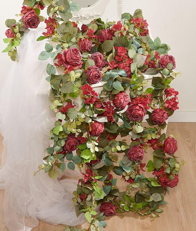 PONKING Flower Garland Artificial Rose & Hydrangea Vine Hanging Fake Flowers Vines for Wedding Birthday Party Valentines Christmas Room Wall Arch Decor, 1 Rose & 1 Hydrangea Red Floral Garland