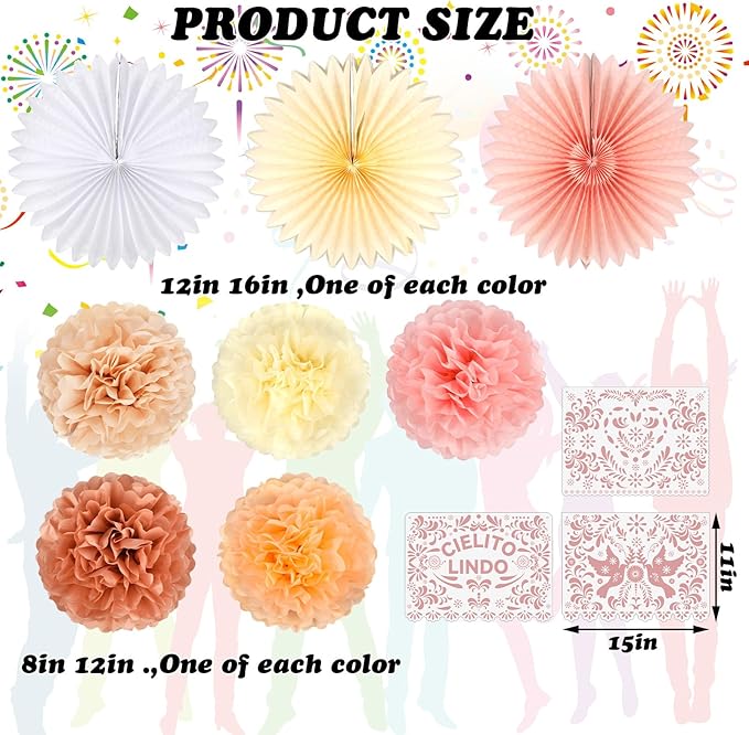 18 Pcs Cielito Lindo Party Decoration Cielito Lindo Decorations Hanging Paper Fans Pom Poms and Paper Banner for Bridal Shower, Fiesta, Engagement, Mexican Baby Shower (Pink)