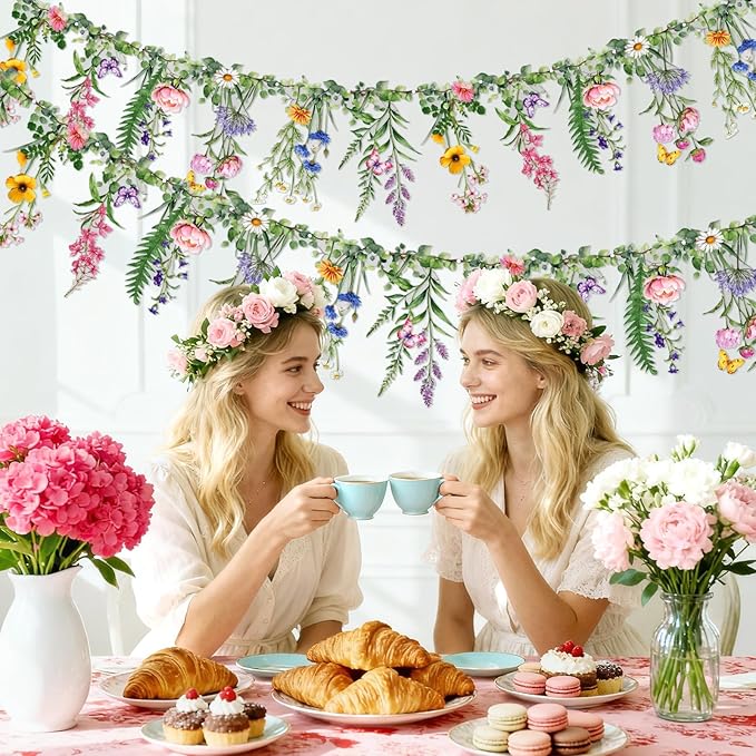 SUNBEAUTY Wildflower Banner 2 Pcs Garden Party Flower Spring Summer Reusable Waterproof Garland 9.8FT for Enchanted Garden Woodland Tropical Wedding Baby Shower Birthday Tea Supplies Girl Decorations