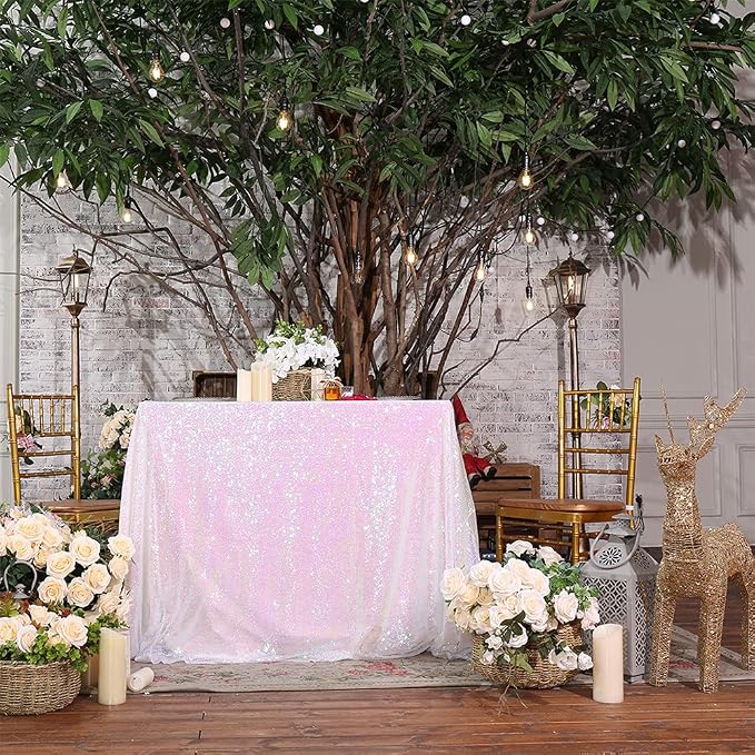 Eternal Beauty White Iridescent Tablecloth, 50x50 Inch Sequin Square Table Cover for Cake Dessert Exhibition Party Birthday Events