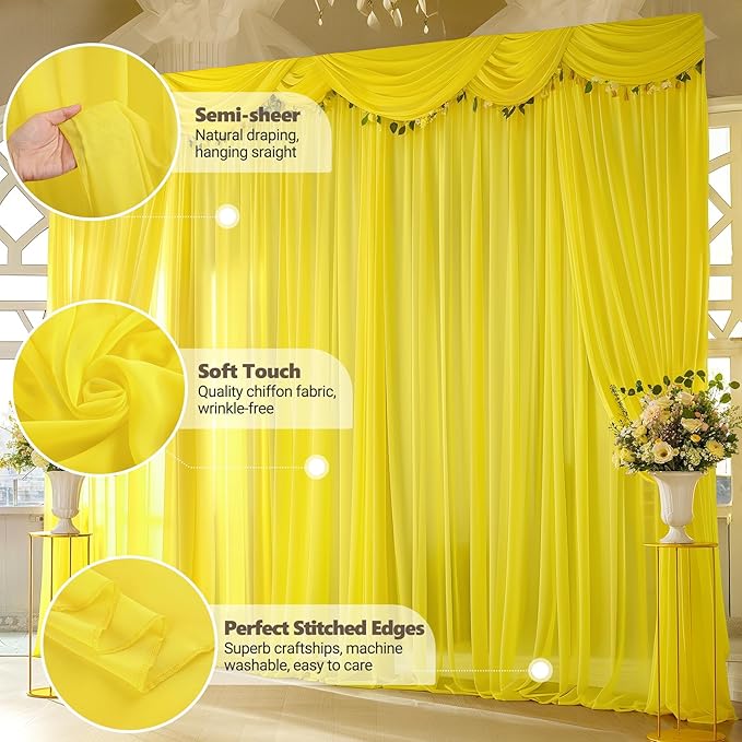 20ft x 10ft Yellow Backdrop Curtain Drapes, Wrinkle-Free Sheer Chiffon Fabric Photo Backgroud Panels for Wedding Arch Party Ceremony Stage Photography Decoration