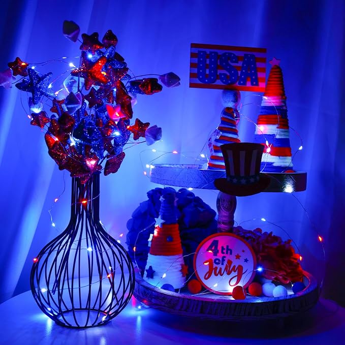QITONG Red White and Blue Patriotic Fairy Lights Battery Operated, 8 Pack Each 16ft 50 LED 4th of July Lights Outdoor Waterproof, Silver Wire Christmas Twinkle Mini Lights for Memorial Independence