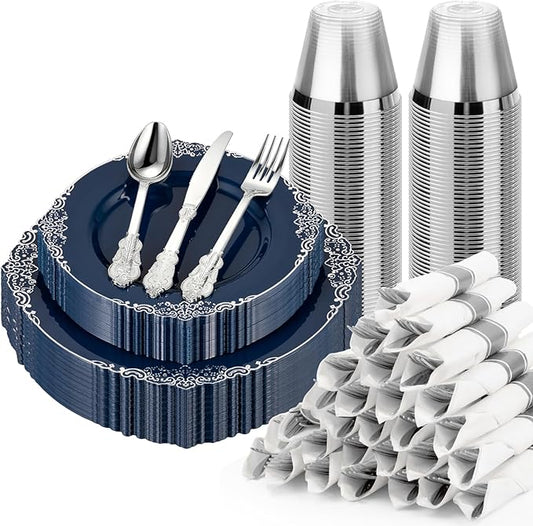 Bestluck 175PCS Navy Blue Plates for 25 Guests, Disposable Dinnerware Sets Include 50 Plastic Plates, 25 Silverwares, 25 Cups, and 25 Pre Rolled Napkins for Party, Wedding and Graduation