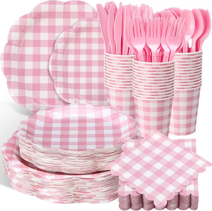 Funnymoom 400 Pcs Gingham Party Supplies for 50 Guests Pink and White Paper Plates and Napkins Knives Spoon Fork Cup Disposable Checkered Dinner Party Set Cutlery for Baby Shower Wedding Favor
