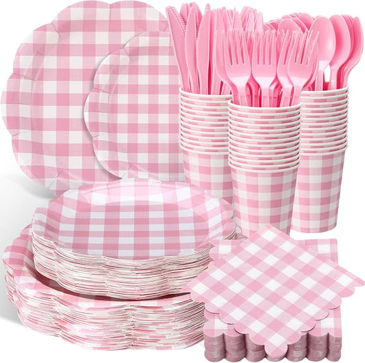 Funnymoom 400 Pcs Gingham Party Supplies for 50 Guests Pink and White Paper Plates and Napkins Knives Spoon Fork Cup Disposable Checkered Dinner Party Set Cutlery for Baby Shower Wedding Favor