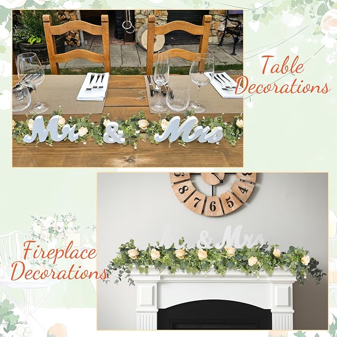 Canlierr 2pcs Large White Mr & Mrs Sign for Wedding Table with 5.91ft Artificial Flowers Garland, Wedding Centerpieces Wooden Bride and Groom Table Decorations for Engagement Decor (Champagne Rose)