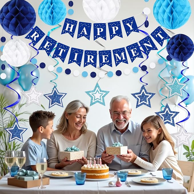 Happy Retirement Party Decorations for Men Women Blue Silver Happy Retirement Banner Honeycomb Balls Pentagram Hanging Swirl Streamers Circle Dots Garland
