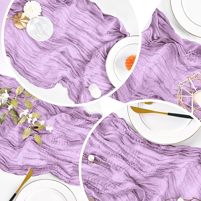 6 Pack Lavender Cheesecloth Table Runner 20 x 120 inch Gauze Table Runners 10 FT Long,Semi Sheer Boho Cheese Cloth Fabric Table Runner Bulk for Wedding,Party,Baby Shower,Bridal Shower Decoration