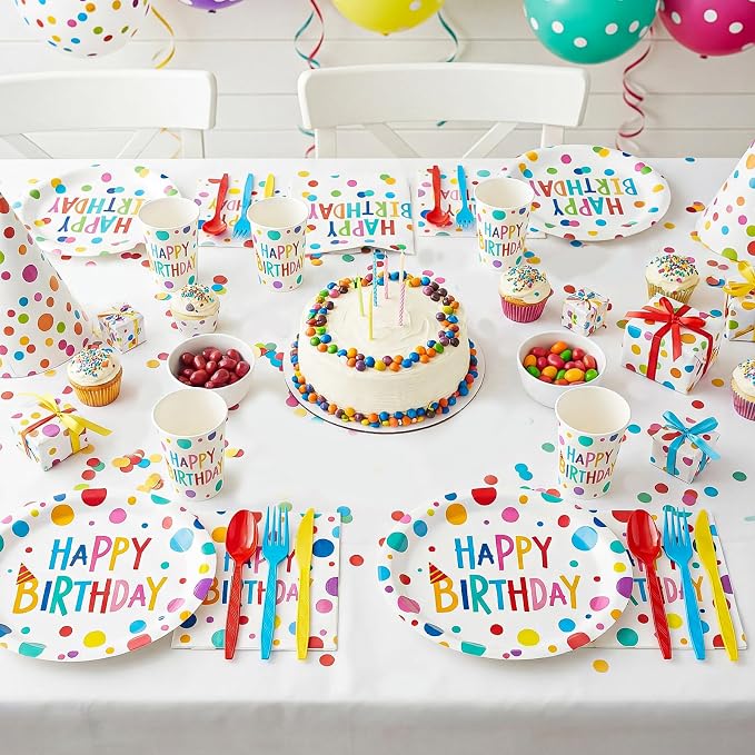 Pajean 350 Pcs Happy Birthday Party Supplies Oval Paper Plates Set with 12 inch Disposable Birthday Oval Plates and Napkins Colorful Dots Design Heavy Duty Paper Dinnerware Set for 50 Guests