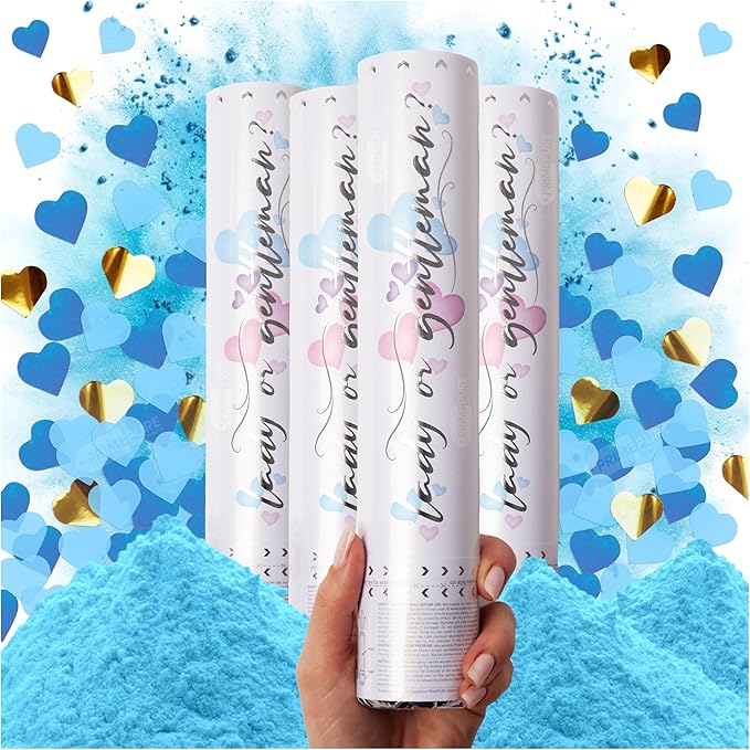 PrimePure Gender Reveal Confetti Cannon - Biodegradable Powder & Heart Shaped Confetti Poppers - Blue, 4 Pack - Baby Boy Gender Reveal Smoke Bombs - Powder Cannon Party Poppers Blue Party Supplies