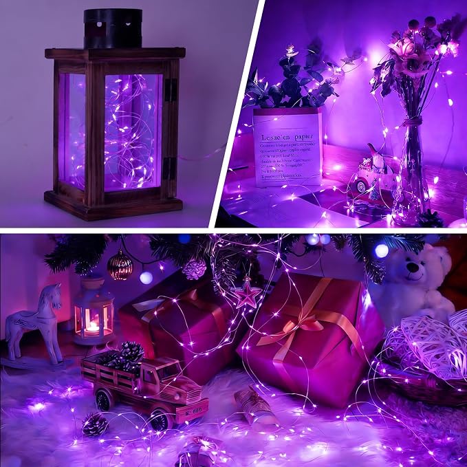 YEGUO Fairy Lights Battery Operated, 6 Packs Each 16ft 50 LED String Lights, 2 Modes Silver Wire Christmas Twinkle Light Indoor for Halloween Bedroom Wedding Party Holiday Gift(Purple)
