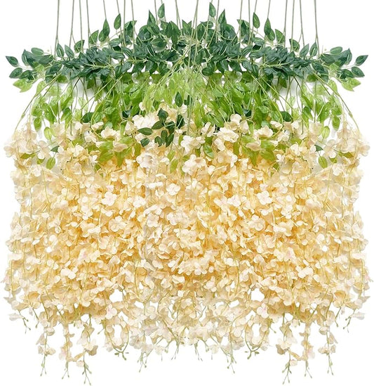 Artificial Wisteria Hanging Flowers-Fake Wisteria Flower Garland Silk Vines Rattan Decor for Home Wedding Arch Wall Garden Greenery Bedroom Outdoor Office Party Decoration (12, Champagne)