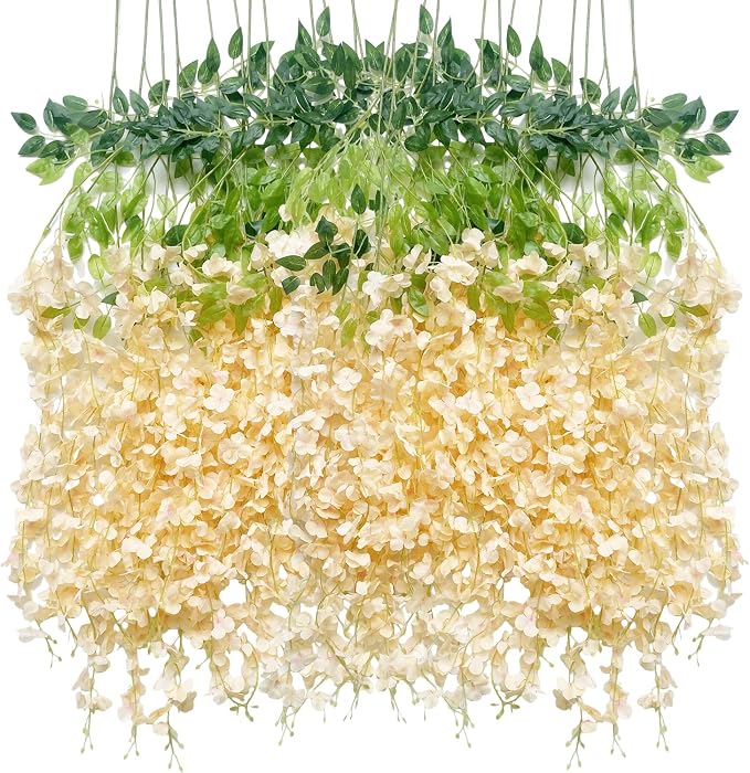 Artificial Wisteria Hanging Flowers-Fake Wisteria Flower Garland Silk Vines Rattan Decor for Home Wedding Arch Wall Garden Greenery Bedroom Outdoor Office Party Decoration (12, Champagne)