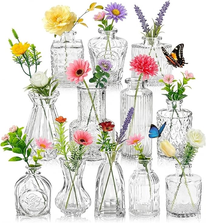 36 Pcs Artificial Flowers Table Centerpiece with Vases Colorful Wildflower Centerpieces Silk Flower Arrangement for Wedding Baby Shower Table Centerpieces Party(Fresh Color,Clear)
