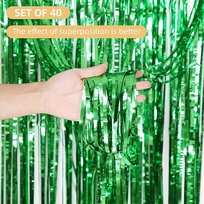 40 Pack Green Foil Curtain Backdrop Metallic Tinsel Foil Fringe Curtains Photo Booth Props for Birthday Party Decoration Christmas Holiday Halloween New Year Party Supply, Green