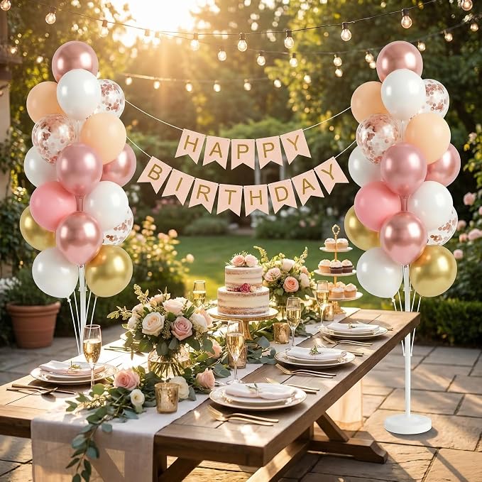 Set of 2 Balloon Column Kit with Nude&Pastel Pink&Metallic Gold White Balloons, Base and Pole - DIY Balloon Tower Stand for Party Decorations, Wedding Backdrop, Birthday, Bridal Shower