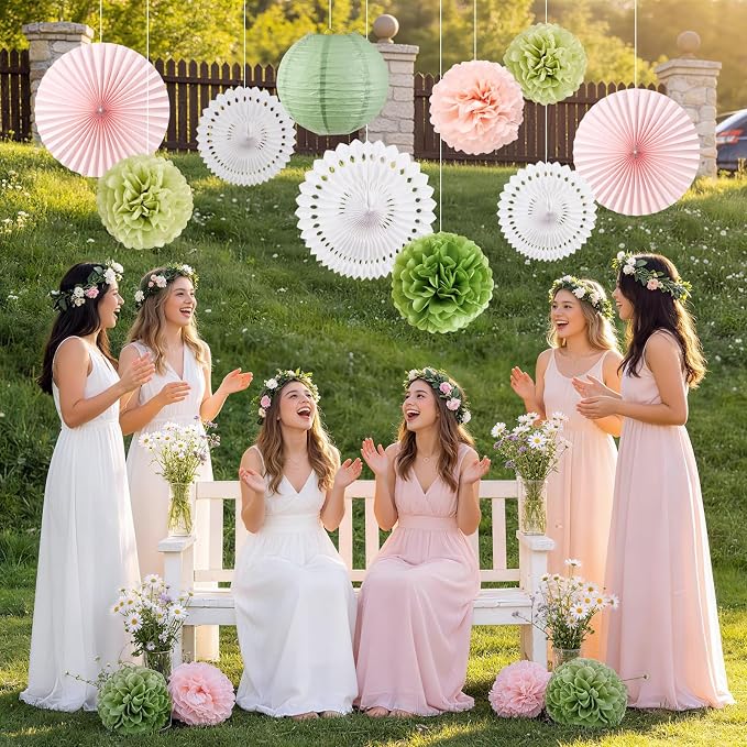 EASY JOY Sage Green and Pink Party Decorations Green Birthday Decorations Sage Tissue Pom Poms Paper Lanterns White Paper Fans (11pcs) for Women Girls Birthday Wedding Bridal Shower Baby Shower