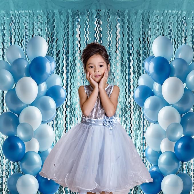 GOER 6.4 ft x 6.5 ft Metallic Tinsel Foil Fringe Curtains,Pack of 2 Party Streamer Backdrop for Birthday,Graduation Decorations and New Year Eve (Wavy Light Blue)