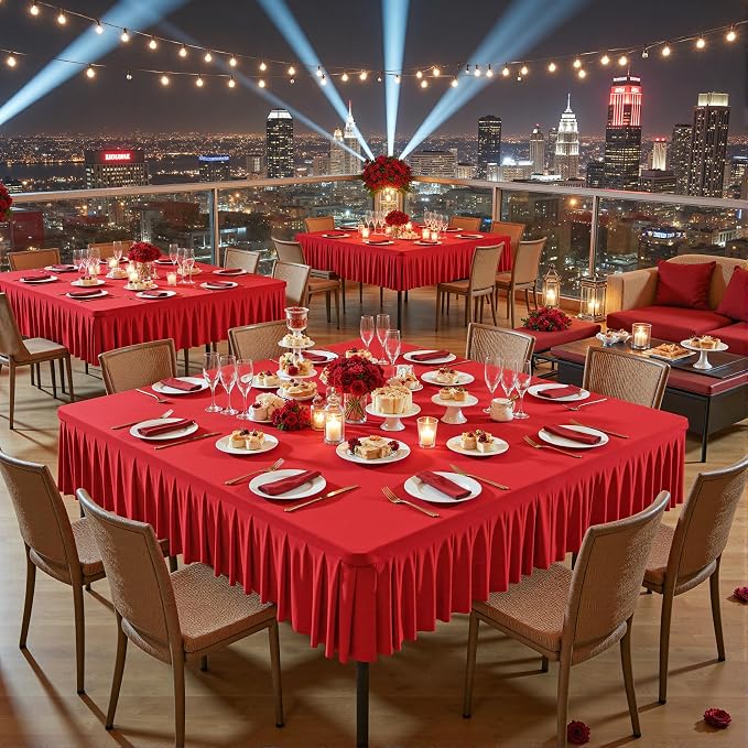 Wish Care Red Spandex Tablecloths for 54x54 Inch Square Tables, Stretch Fitted Table Clothes with Pleated Ruffle Skirt for 54” Table, Wrinkle Free and Elastic, for Party Kitchen Home Dining