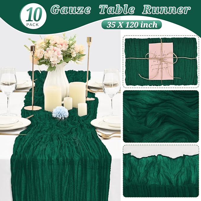 10 Pcs Dark Green Cheesecloth Table Runner 10FT, Gauze Table Runner for Wedding Reception Sheer Bridal Shower Birthday Party Boho Table Decoration, Rustic Romantic Wedding Runner