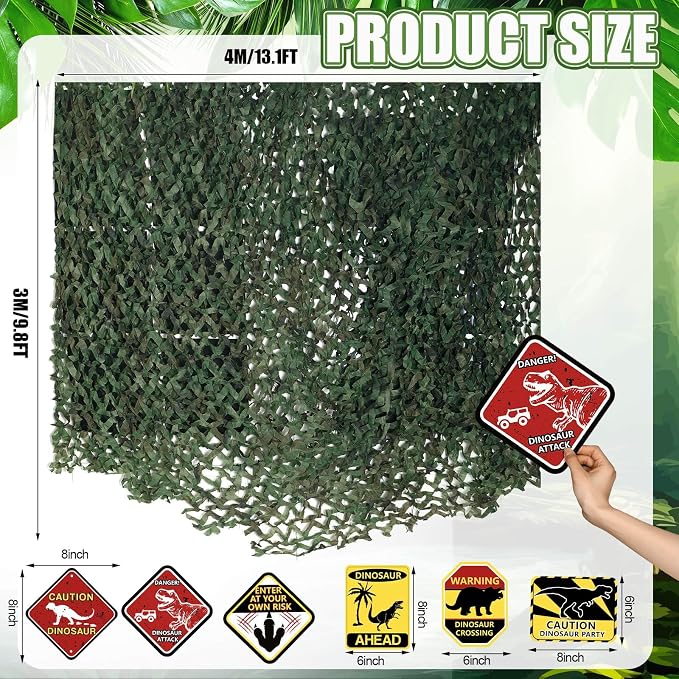 Bucherry Dinosaur Party Decorations Set 10x13ft Dino Netting 6 Paper Sign Jungle Dino Theme Birthday Party Supplies for Birthday Indoor Outdoor Decor Halloween Dinosaur Trunk or Treat Car Decorations