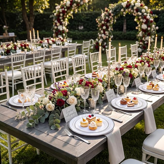 I00000 100pcs Silver Plastic Plates, Disposable Plastic Party Plates with White Silver Rim Fancy Wedding Party Plates Include 50 Dinner Plates 10.25" and 50 Dessert Appetizer Plates 7.5"