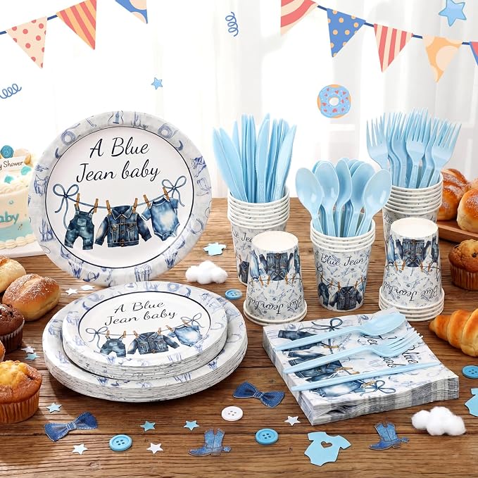Yungyan 168 Pcs Blue Jean Baby Shower Birthday Party Decoration Disposable Blue Paper Plates Napkins Tableware Set for Boho Rustic Country Bridal Birthday Baby Shower Party Supplies Serves 24